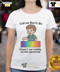 Colorful 'Call Me Roy G. Biv' ladies tee showcasing vibrant rainbow spectrum design, perfect for pride and self-expression.
