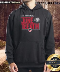 Person wearing a Nice Celebrating Juneteenth Indiana Pacers hoodie, showcasing vibrant colors and festive design.