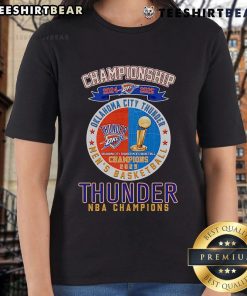 Alt Text: Oklahoma City Thunder NBA Champions 2024-2025 ladies tee featuring team colors and logo, perfect for fans.