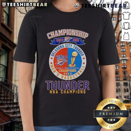 Alt Text: Oklahoma City Thunder NBA Champions 2024-2025 ladies tee featuring team colors and logo, perfect for fans.