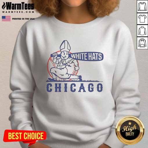 Stylish Nice Chicago White Hats sweatshirt displayed on a hanger against a vibrant urban backdrop.