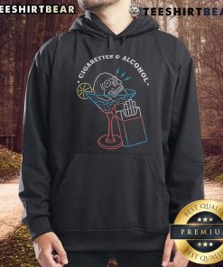 Skull hoodie featuring a design with nice cigarettes and alcohol graphics, perfect for edgy fashion lovers.