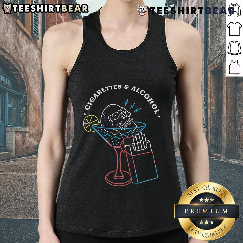 Nice Cigarettes And Alcohol Skull Tank Top Stylish skull tank top featuring 'Nice Cigarettes and Alcohol' graphic, perfect for edgy fashion lovers.