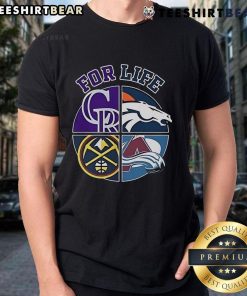 Nice Denver Broncos, Rockies, Nuggets, and Avalanche T-shirt featuring vibrant sports team logos for fans.