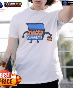 Alt Text: Cartoon Denver Nuggets basketball t-shirt featuring the best Denver logo of all time, perfect for fans and collectors.