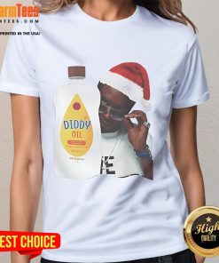 Womens Christmas tee featuring Santa and 'Nice Diddy Baby Oil' design, perfect for holiday celebrations and festive fun.