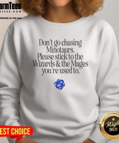 Cozy sweatshirt featuring 'Don't Go Chasing Minotaurs, Stick To The Wizards' design for fantasy lovers.
