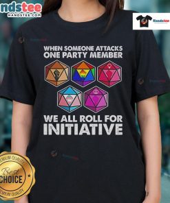 Funny Dungeons and Dragons ladies tee graphic showing party members rolling for initiative after an attack.