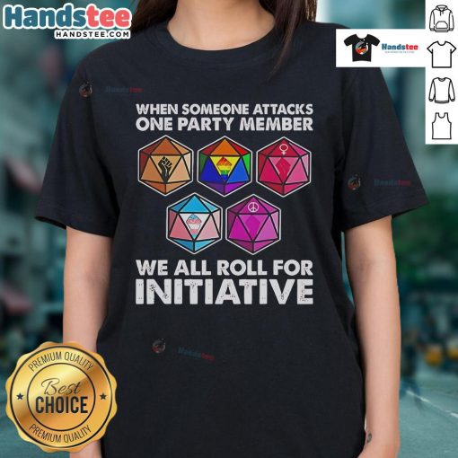 Funny Dungeons and Dragons ladies tee graphic showing party members rolling for initiative after an attack.
