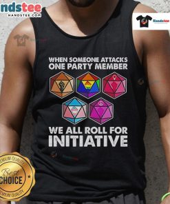 Funny Dungeons and Dragons tank top design featuring 'We All Roll for Initiative' with a party member under attack.