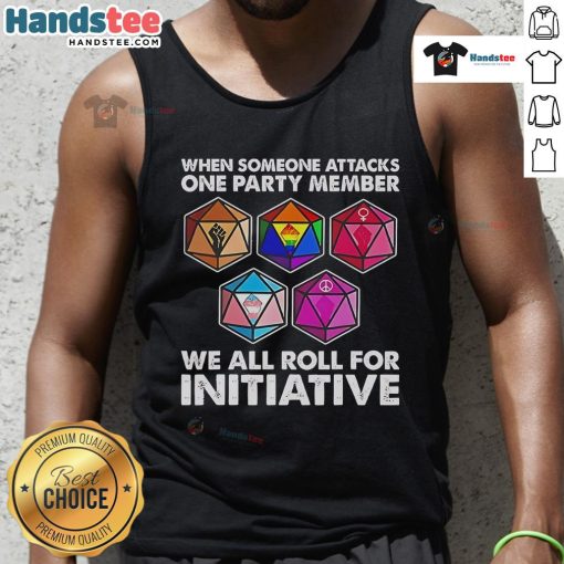 Funny Dungeons and Dragons tank top design featuring 'We All Roll for Initiative' with a party member under attack.