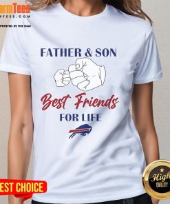 Father and son wearing Buffalo Bills logo tee, showcasing their bond as best friends for life. Perfect for fans!
