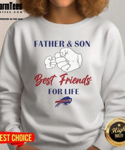 Alt Text: Father and son wearing matching Buffalo Bills logo sweatshirts, showcasing their bond as best friends for life.