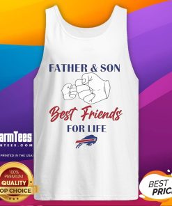 Father and son wearing Buffalo Bills logo tank tops, showcasing their close bond as best friends for life.
