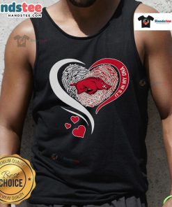 Arkansas Razorbacks tank top featuring a fingerprint heart design, showcasing team spirit and personal connection.