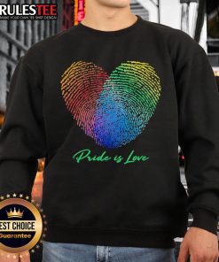 Colorful sweatshirt featuring a fingerprint heart design, promoting pride and love for the LGBTQ+ community.