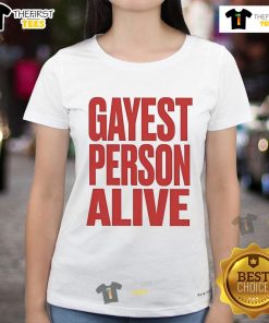 Nice G Flip Gayest Person Alive ladies tee featuring vibrant colors and trendy design, perfect for LGBTQ+ pride.
