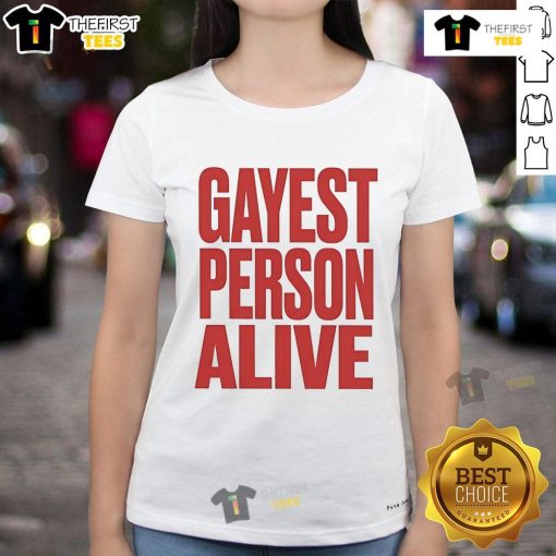 Nice G Flip Gayest Person Alive ladies tee featuring vibrant colors and trendy design, perfect for LGBTQ+ pride.
