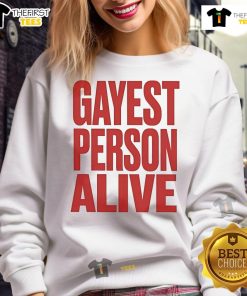Nice G Flip sweatshirt featuring 'Gayest Person Alive' design, perfect for LGBTQ+ pride and fashion.