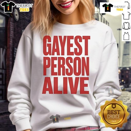 Nice G Flip sweatshirt featuring 'Gayest Person Alive' design, perfect for LGBTQ+ pride and fashion.