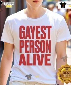Colorful 'Nice G Flip Gayest Person Alive' T-Shirt design featuring vibrant graphics and bold text for pride celebration.