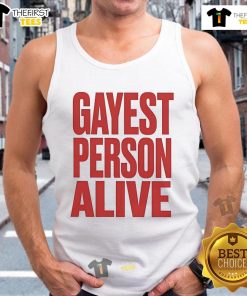 Stylish tank top featuring 'Gayest Person Alive' design by Nice G, perfect for pride events and LGBTQ+ celebrations.