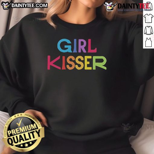 Girl wearing a red 'Nice Girl' sweatshirt, playfully kissing another girl, showcasing a fun and vibrant friendship.