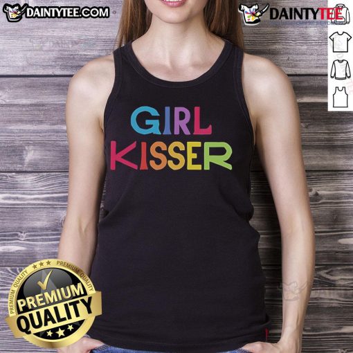 Nice girl in red tank top kisses her friend, showcasing a vibrant summer style and playful friendship vibes.