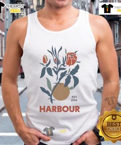 Nice Harbour Rose Est 2014 tank top featuring a vibrant floral design, perfect for casual summer wear.