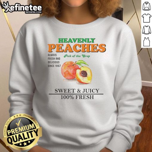 Sweet and juicy Nice Heavenly peaches on a vibrant sweatshirt, showcasing the pick of the crop in fresh, eye-catching design.