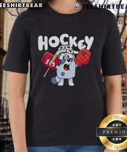 Nice Hockey Bluey cartoon ladies tee featuring vibrant blue graphics and playful design for hockey fans.