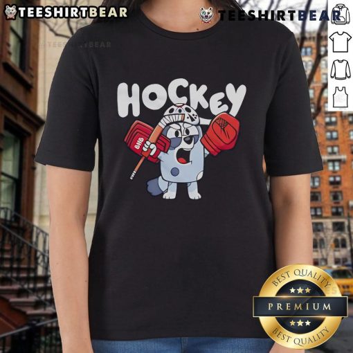 Nice Hockey Bluey cartoon ladies tee featuring vibrant blue graphics and playful design for hockey fans.