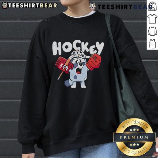 Bluey cartoon sweatshirt featuring a nice hockey design, perfect for fans of Bluey and cozy sports apparel.