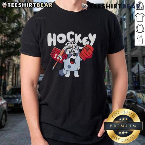 Alt Text: Nice Hockey Bluey Cartoon T-Shirt featuring a playful Bluey design perfect for young hockey fans.