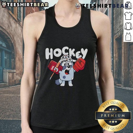 Alt Text: Cute bluey cartoon tank top featuring a nice hockey design, perfect for fans and casual wear.