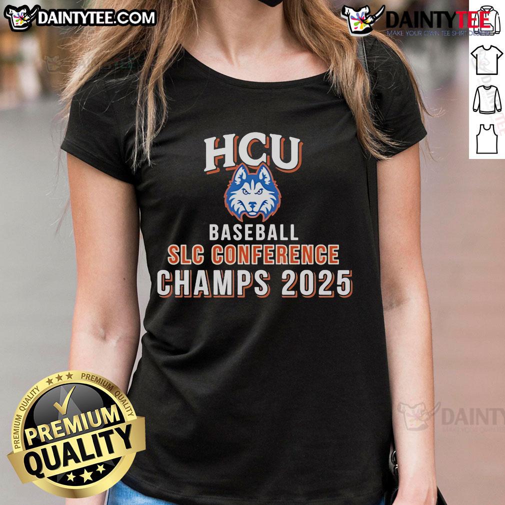 Nice Houston Christian Huskies HCU Baseball SLC Conference Champs 2025 Ladies-Tee Alt Text: 2025 HCU Baseball SLC Conference Champs ladies tee featuring the Nice Houston Christian Huskies logo.