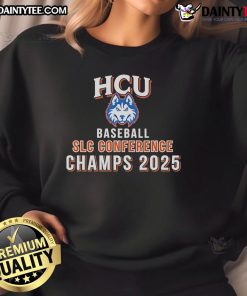 Nice Houston Christian Huskies HCU Baseball SLC Conference Champs 2025 sweatshirt in navy blue, showcasing team pride.