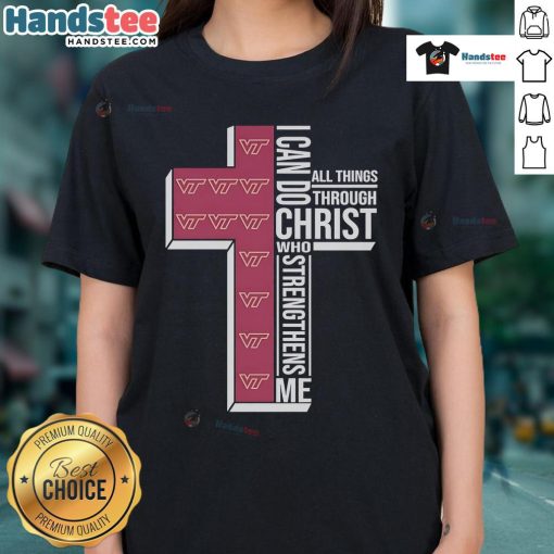 Virginia Tech Hokies logo ladies tee featuring 'I Can Do All Things Through Christ Who Strengthens Me' design.