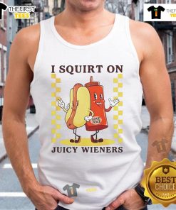 Model wearing a Nice-I-Squirt-On-Juicy-Wieners tank top, showcasing a fun and playful design for summer fashion.