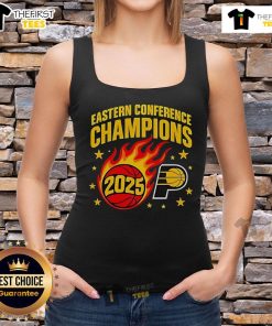 2025 Eastern Conference Champions tank top featuring the Indiana Pacers logo and vibrant team colors.