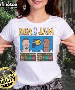 Alt Text: Nice Indiana Pacers NBA Jam tee featuring Haliburton and Mathurin, perfect for ladies who love basketball.