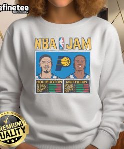 Nice Indiana Pacers NBA Jam sweatshirt featuring Haliburton and Mathurin, perfect for fans of the team and basketball.