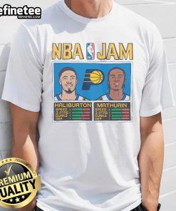 Nice Indiana Pacers NBA Jam T-shirt featuring Haliburton and Mathurin, perfect for basketball fans and collectors.