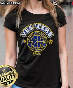 Alt Text: 2025 Indiana Pacers Conference Champions tee for women, featuring a stylish design celebrating the playoff center position.