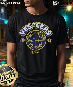 Indiana Pacers 'Yes Cers' 2025 Conference Champions T-Shirt for center position fans, celebrating playoff success.