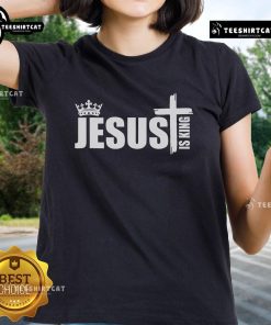Nice Jesus Is King simple crown logo on a ladies tee shirt, perfect for faith-inspired fashion.