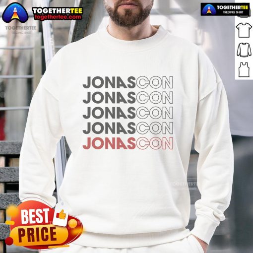 Jonas Brothers Jonascon sweatshirt featuring a stylish repetitive design, perfect for fans and casual wear.