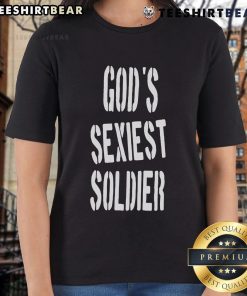 Alt Text: Lizzo confidently wearing the 'God's Sexiest Soldier' ladies tee, showcasing style and empowerment in a vibrant setting.