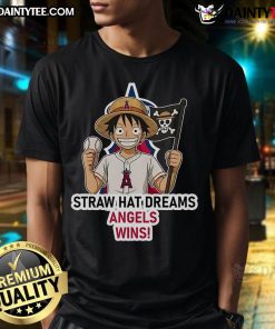 Alt Text: Los Angeles Angels Monkey D. Luffy Straw Hat Dreams T-Shirt featuring vibrant design and sports theme for fans.