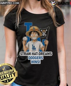 Alt Text: Ladies tee featuring the Nice Los Angeles Dodgers design with Monkey D. Luffy from One Piece and dreams of victory.